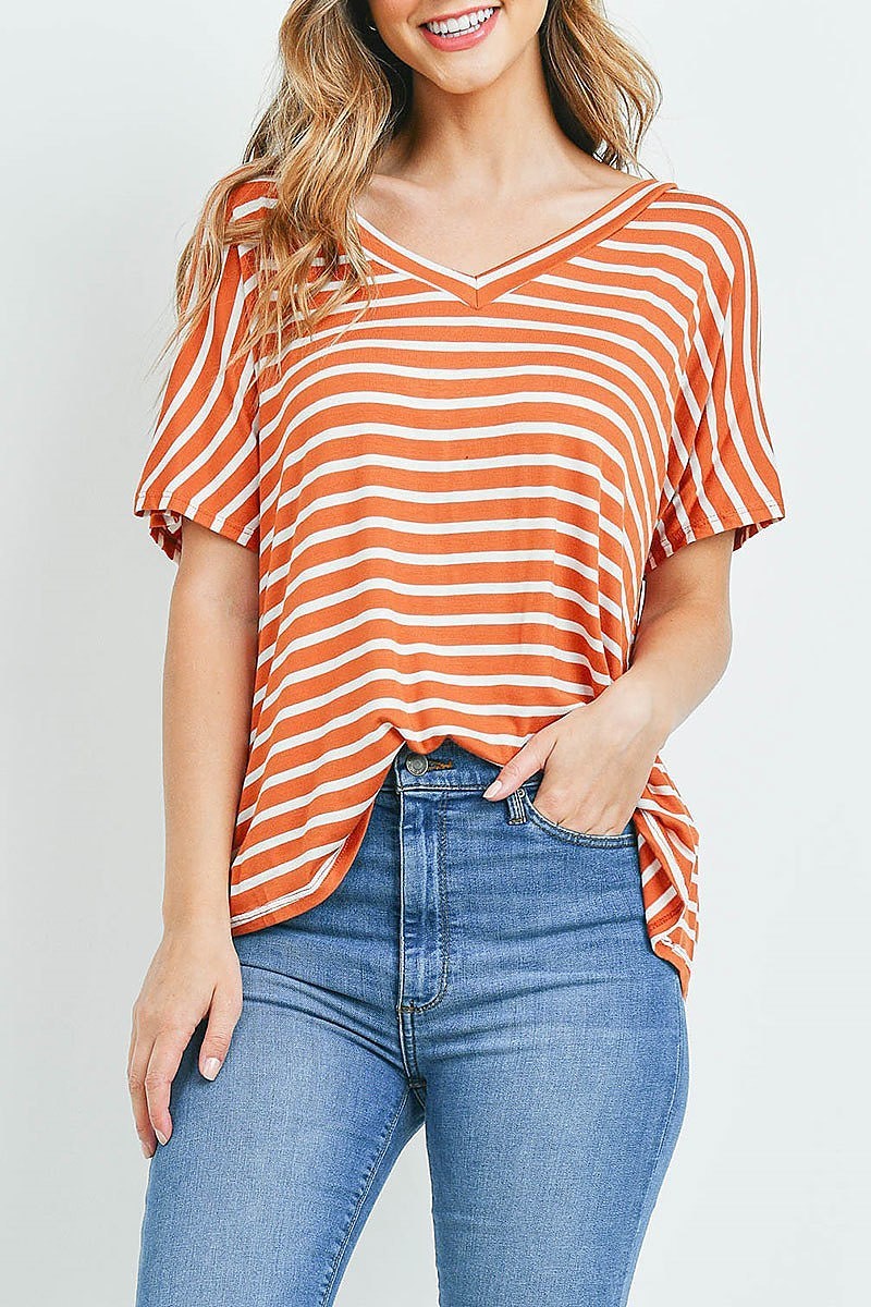 V neck stripe loose fit top (ED9531)