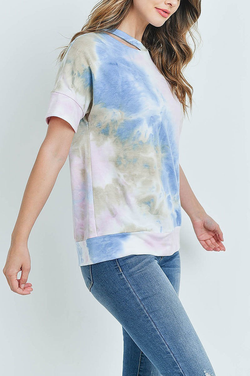 Cutout neckline tie dye banded hem top (ED9157)