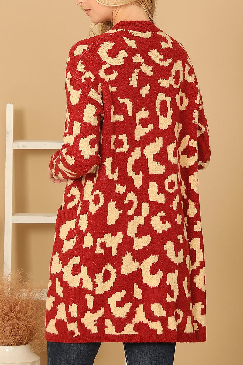 Knitted front pocket printed open cardigan (DGS6696)