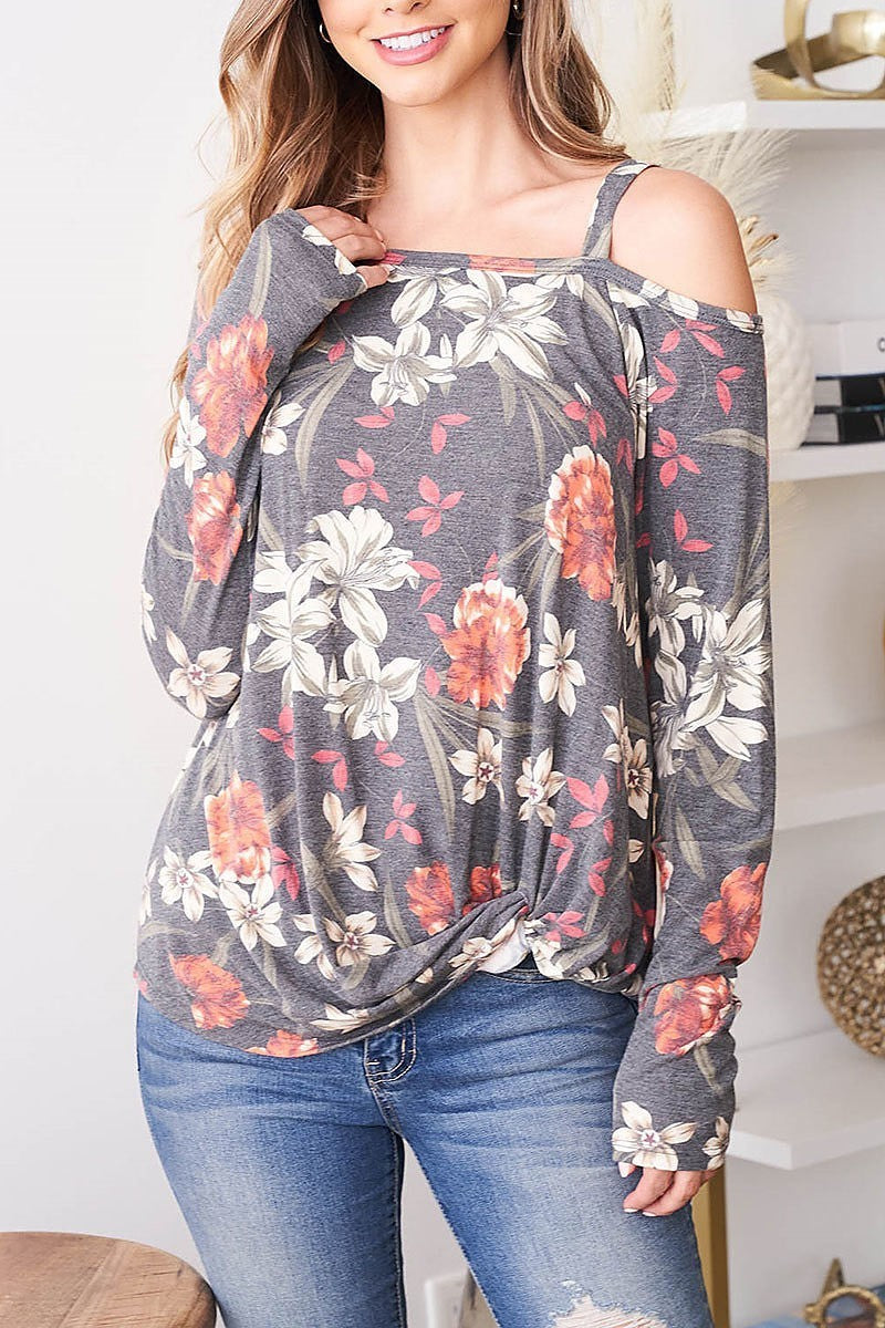 Off shoudler twist hem floral print top (EF2516)