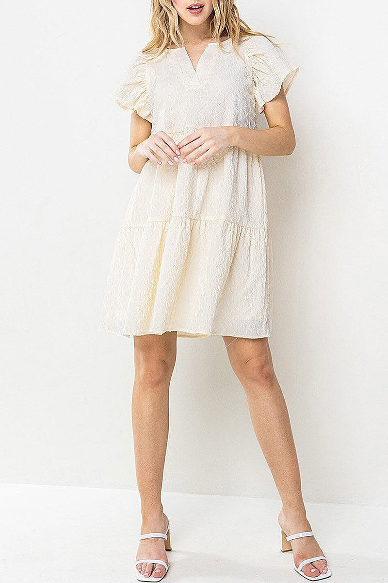 Ruffle sleeves detailed tiered tunic mini dress (EFWT5528)