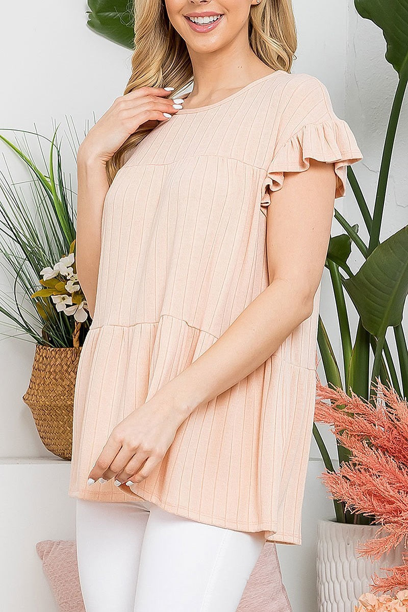 Ruffle cap sleeve band rib top (EF5801)