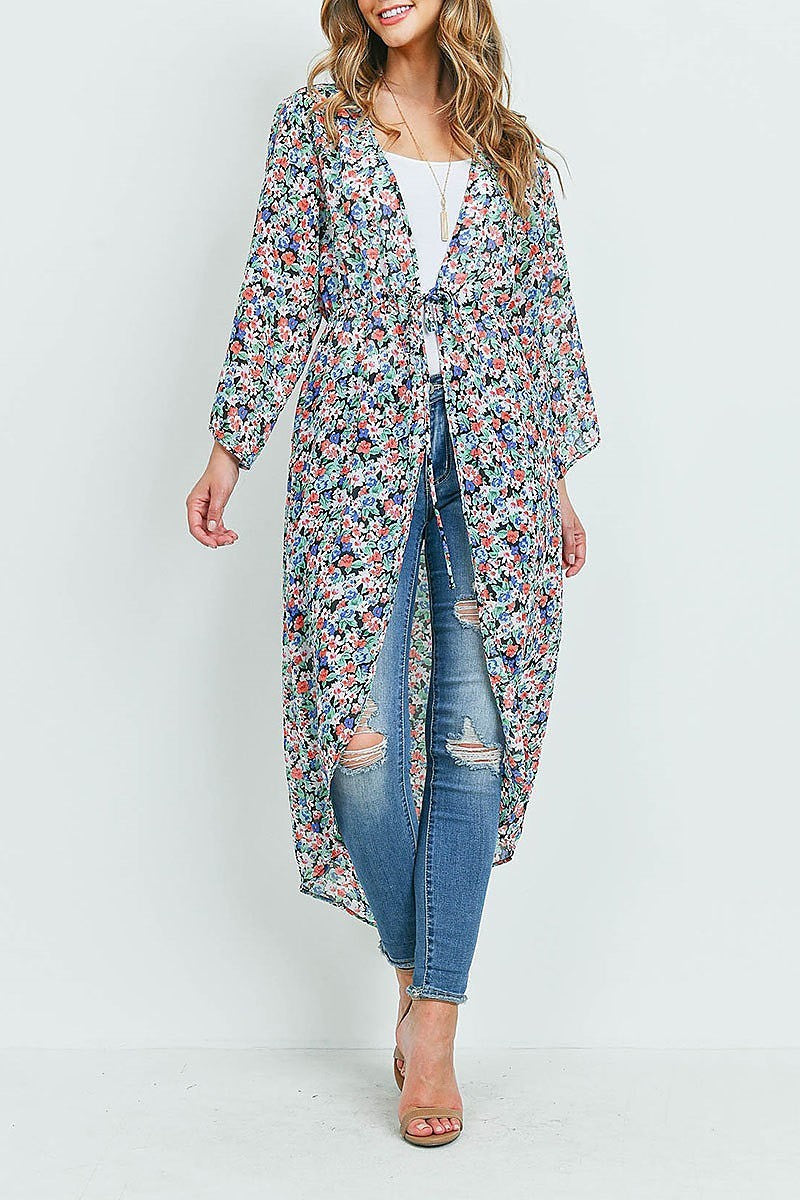 Tie front detail floral print hi lo kimono top (ED9474)