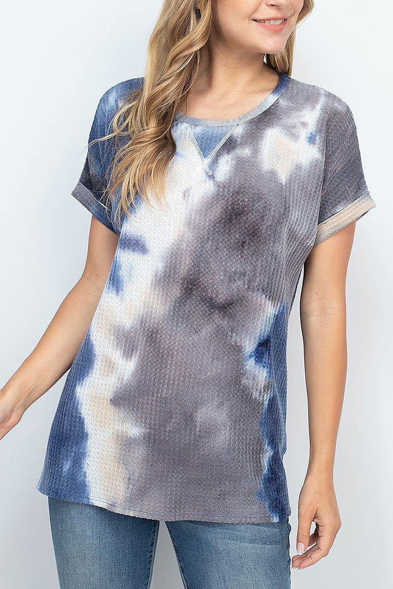 Rolled sleeve round neck waffle tie dye top (EF1859)