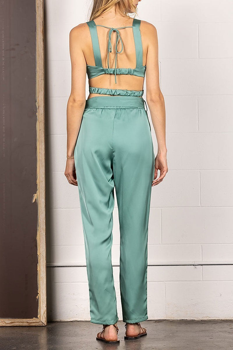 Solid waist flare crop top and pants set (EDSW4272)