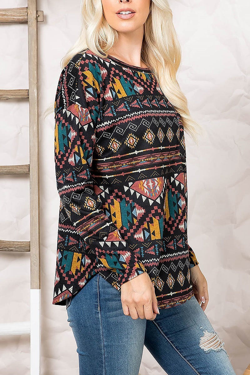 Boho print long sleeve dolhpin hem top (EF2413)