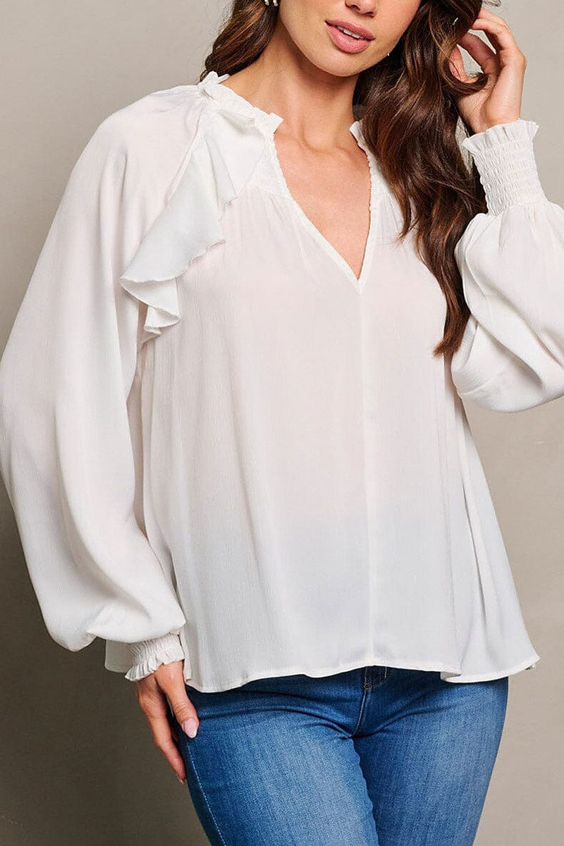 Long sleeve v-neck ruffle blouse top (EGWT1714)