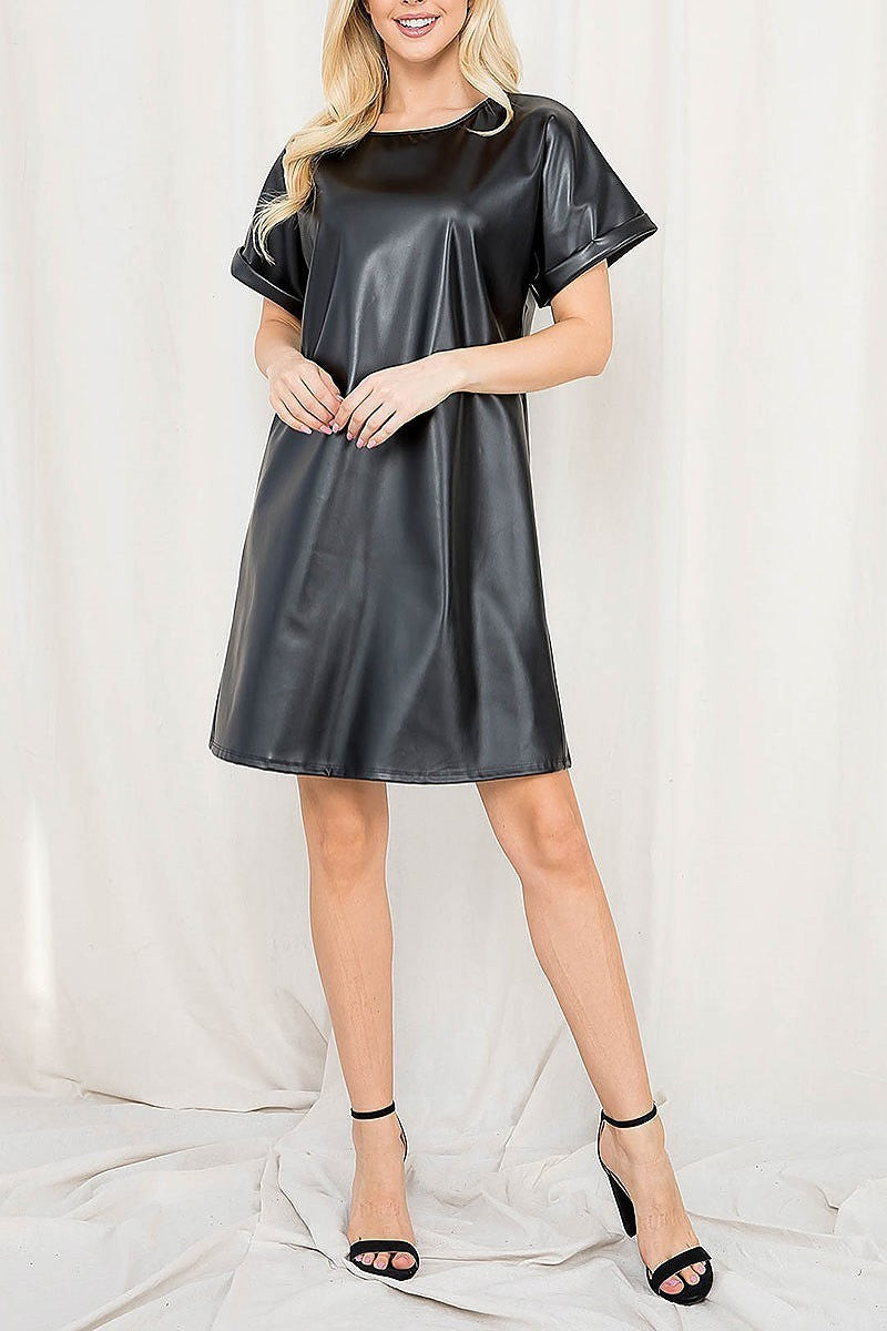 Round neck faux leather solid dress (DED7085)