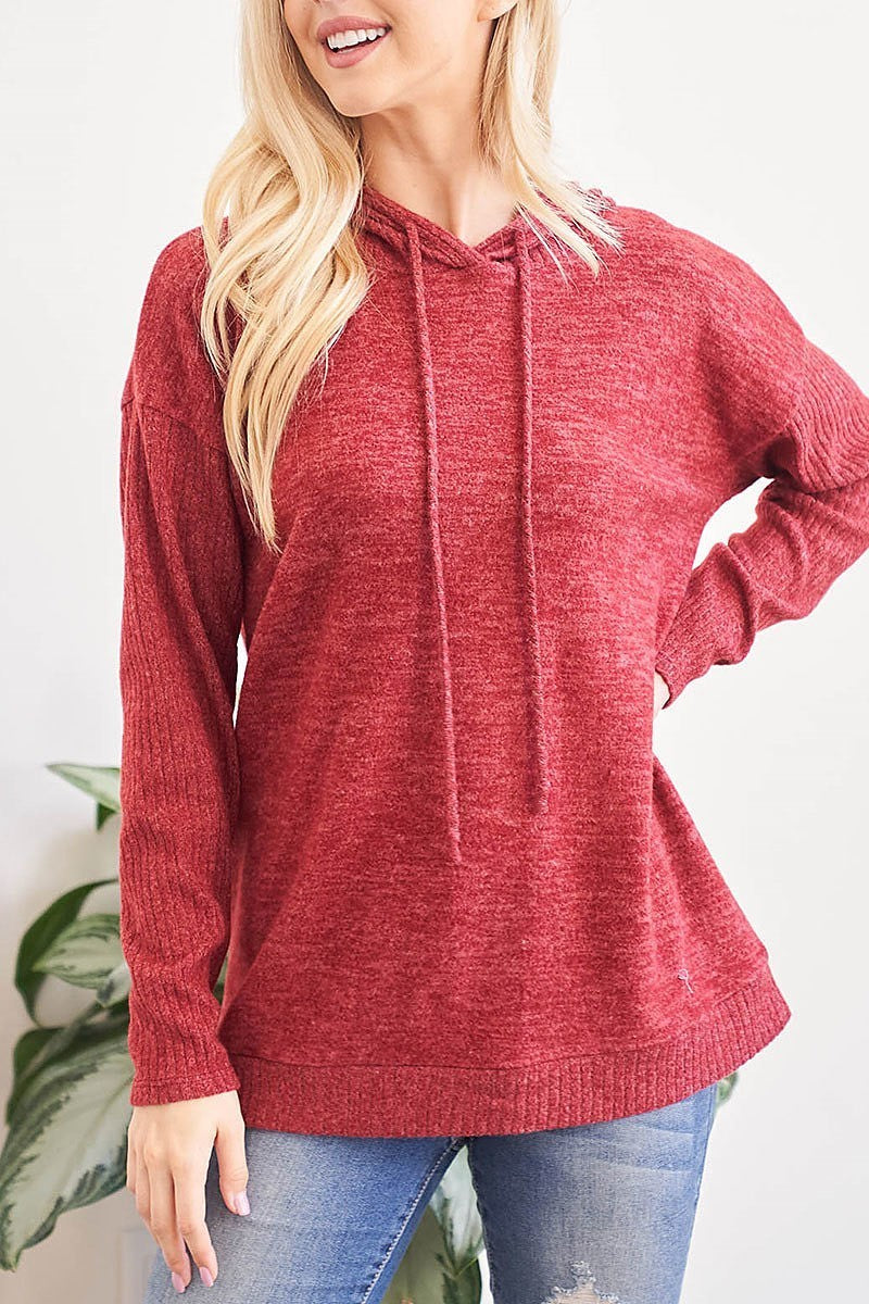 Rib brushed long sleeve spaghetti self tie hoodie (EF2393)