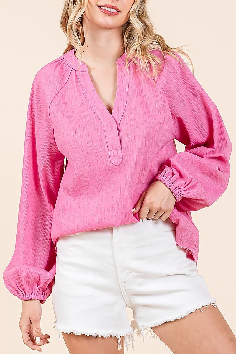 Solid long sleeve woven gauze v-neck blouse (EDH2224)