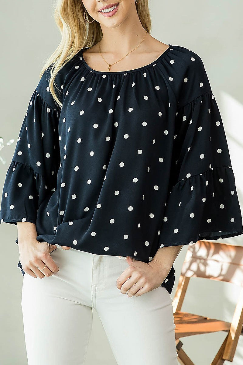 Bell sleeve polka dot ruched top (EF3938)