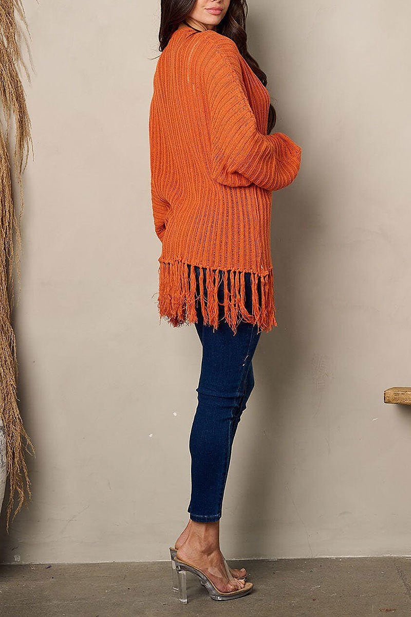 Long sleeve open front fringe cardigan (EFWT1921)