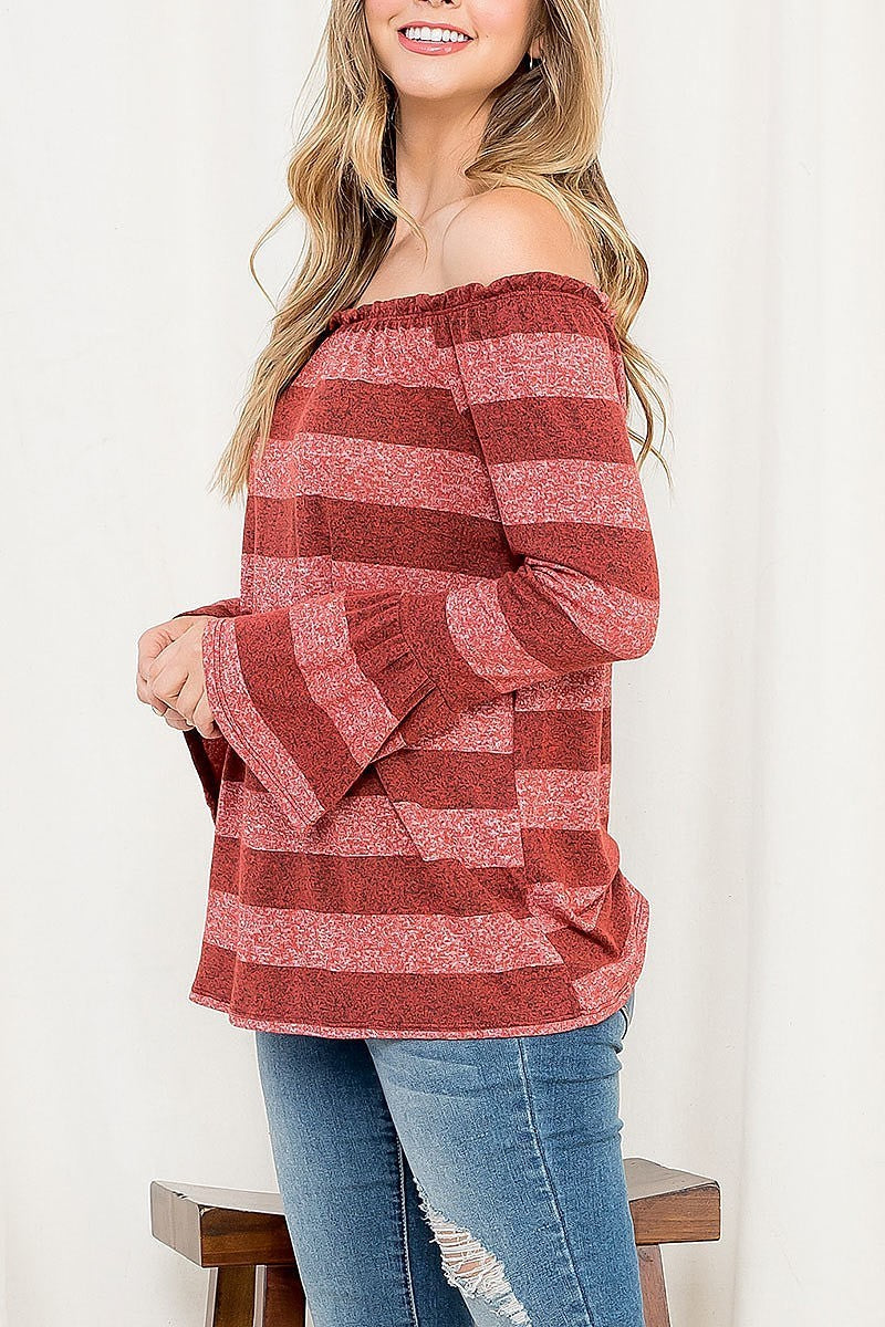 Off shoulder bell sleeve stripe top (EF2620)