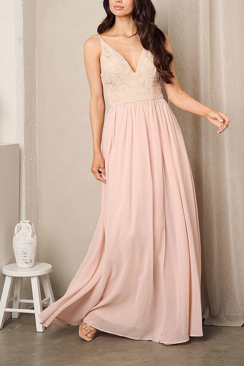 Sleeveless lace embroidery v-neck maxi gown dress (EFWT2387)