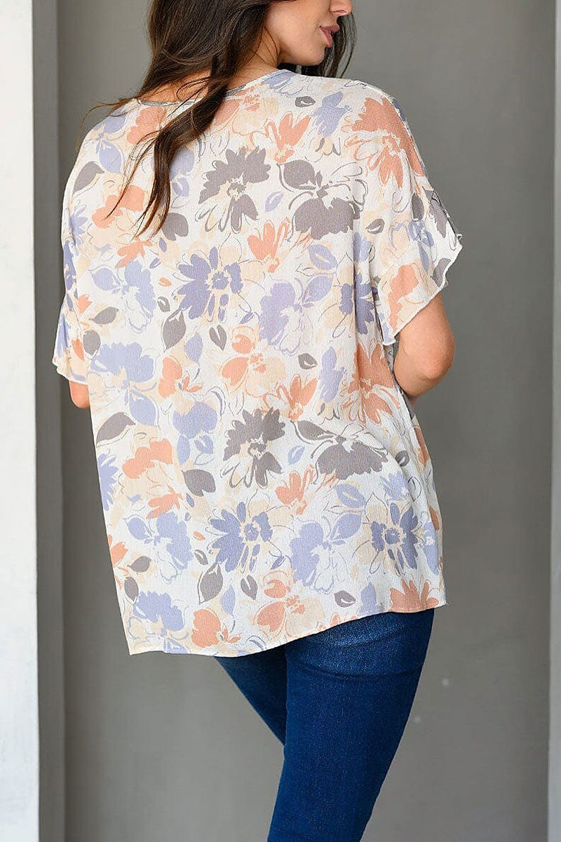 Short ruffle sleeve floral tunic top (EDWT9458)