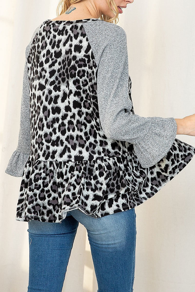 Bell rib quarter sleeve leopard shirring top (EF2653)