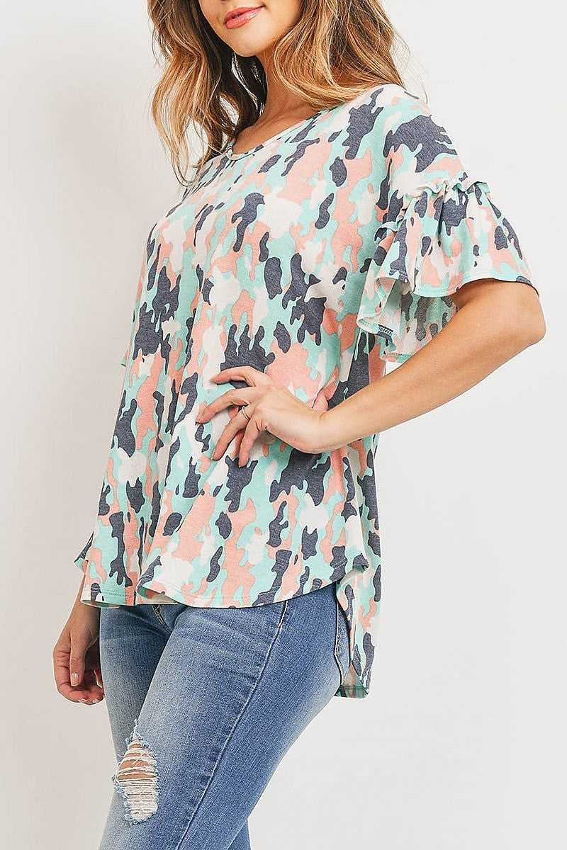 Camo print ruffle sleeve top (ED8929)