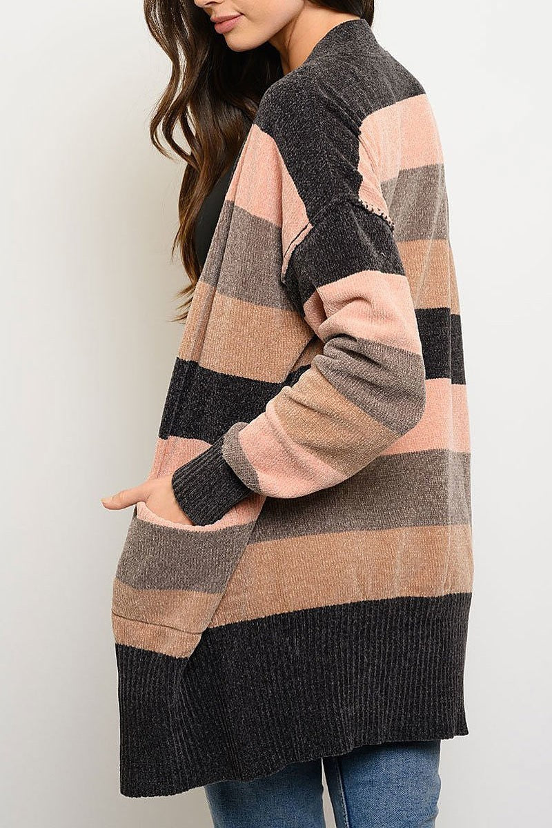 Long sleeve stripes pockets cardigan (EDWT3745)