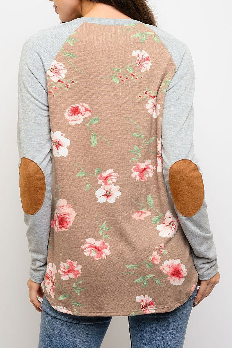 Floral elbow patches long sleeve top (EDWT3333)