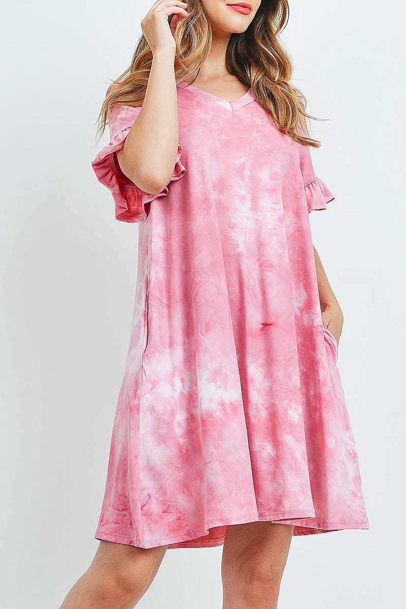 Tie dye ruffle sleeves v neck dress (DED6295)