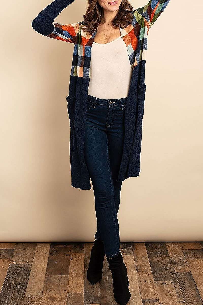 Checker color block pocket detail cardigan sweater (DGS4953-3)