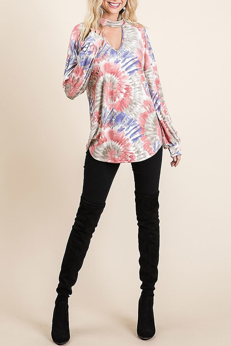 Tie dye keyhole neck bubble sleeve top (EF5039)