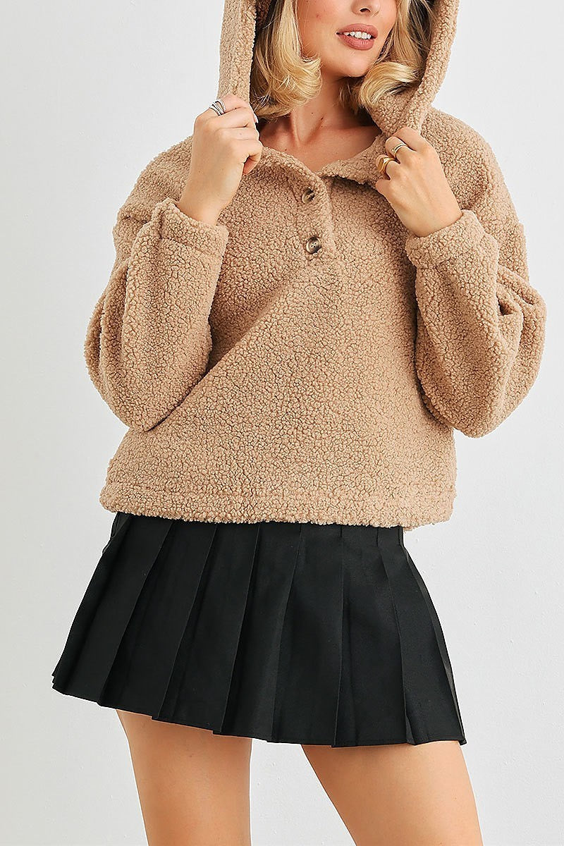 Teddy knit button up pocket hodded sweater (TED2054)