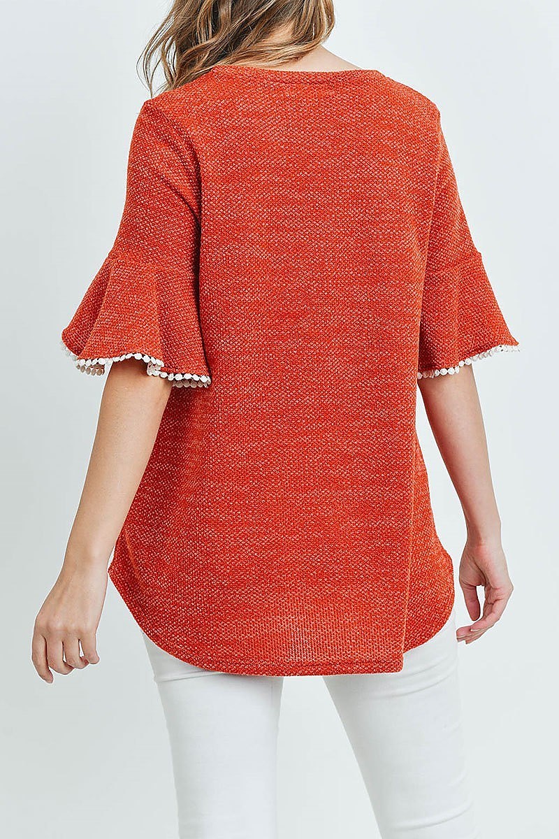 Lace detail bell sleeves round hem drake top (ED8614-1)