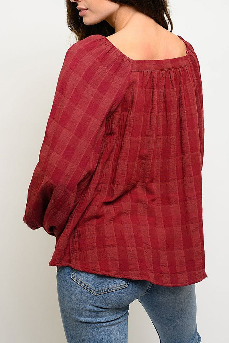 Long sleeve round neck plaid top (EDWT2806)