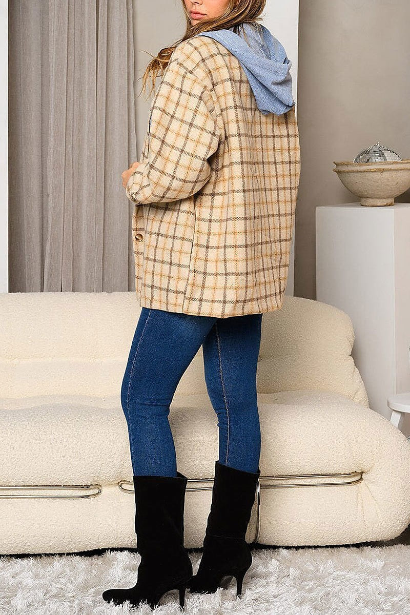 Long sleeve plaid denim hooded jacket (EDWT8354)