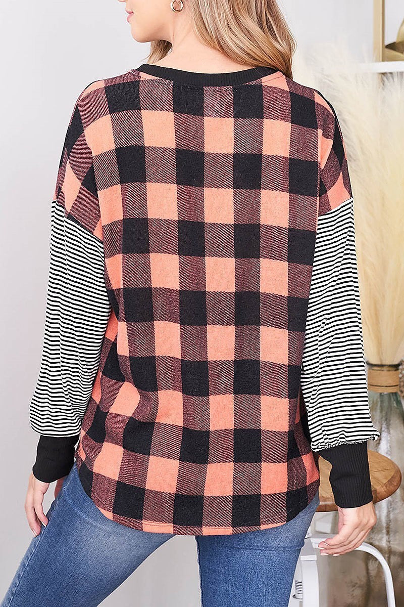 Stripe sleeve checker body color block top (EF2515)