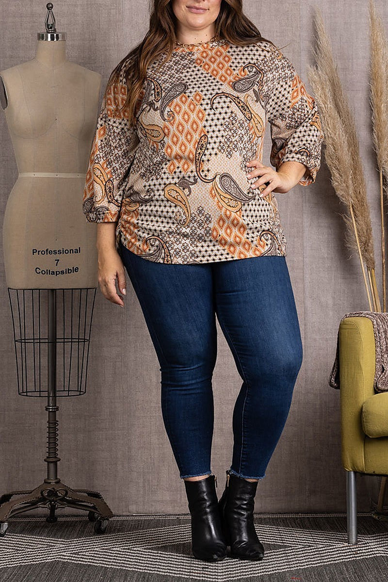 Paisley print dolman long sleeves plus size top (EDSW3689)