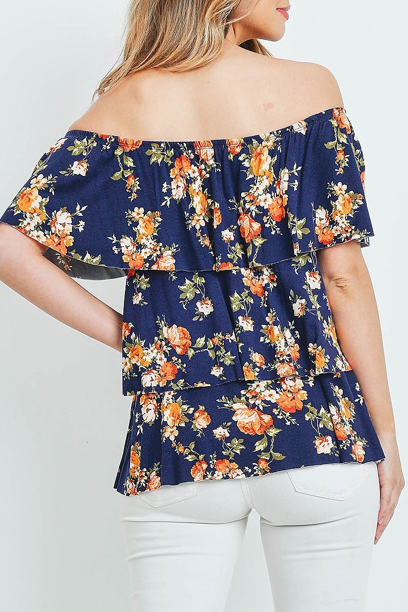 Off shoulder floral ruffle tiered layered top (ED8729-2)