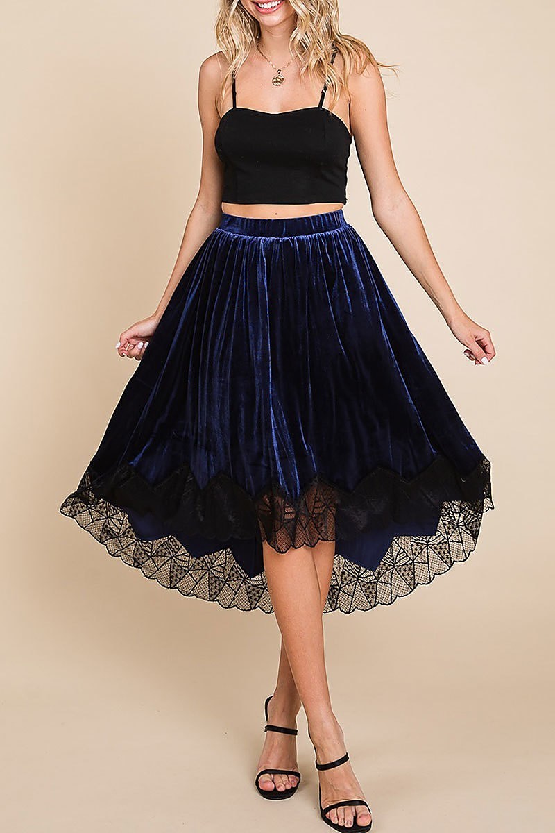 Velvet elastic waistband hi-low midi skirt w lace (EDH1827)