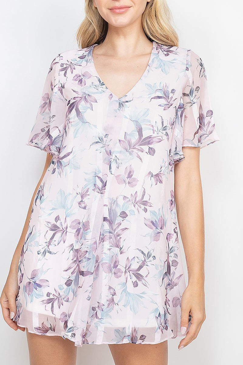 Leaf print flutter sleeve v neck sheer dress (DED6748)