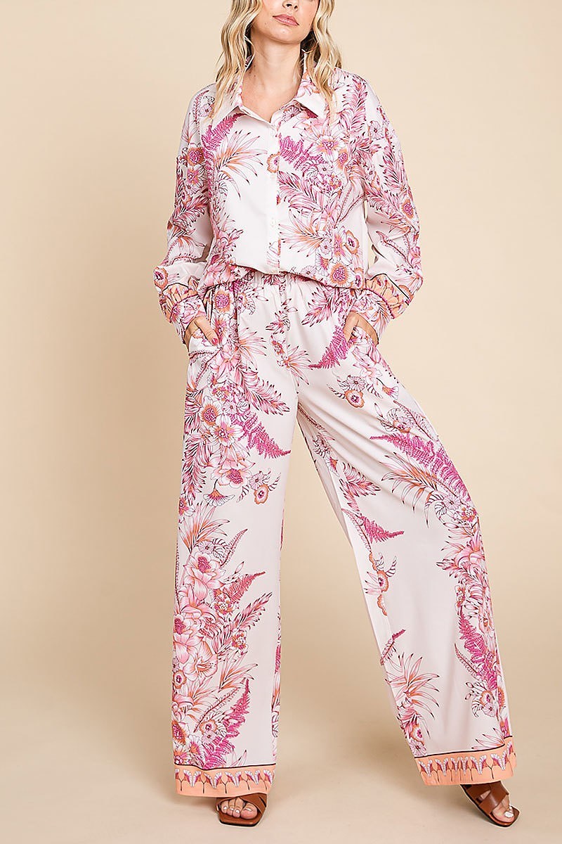 Floral button down shirt and wide leg pants set (EDH1541)