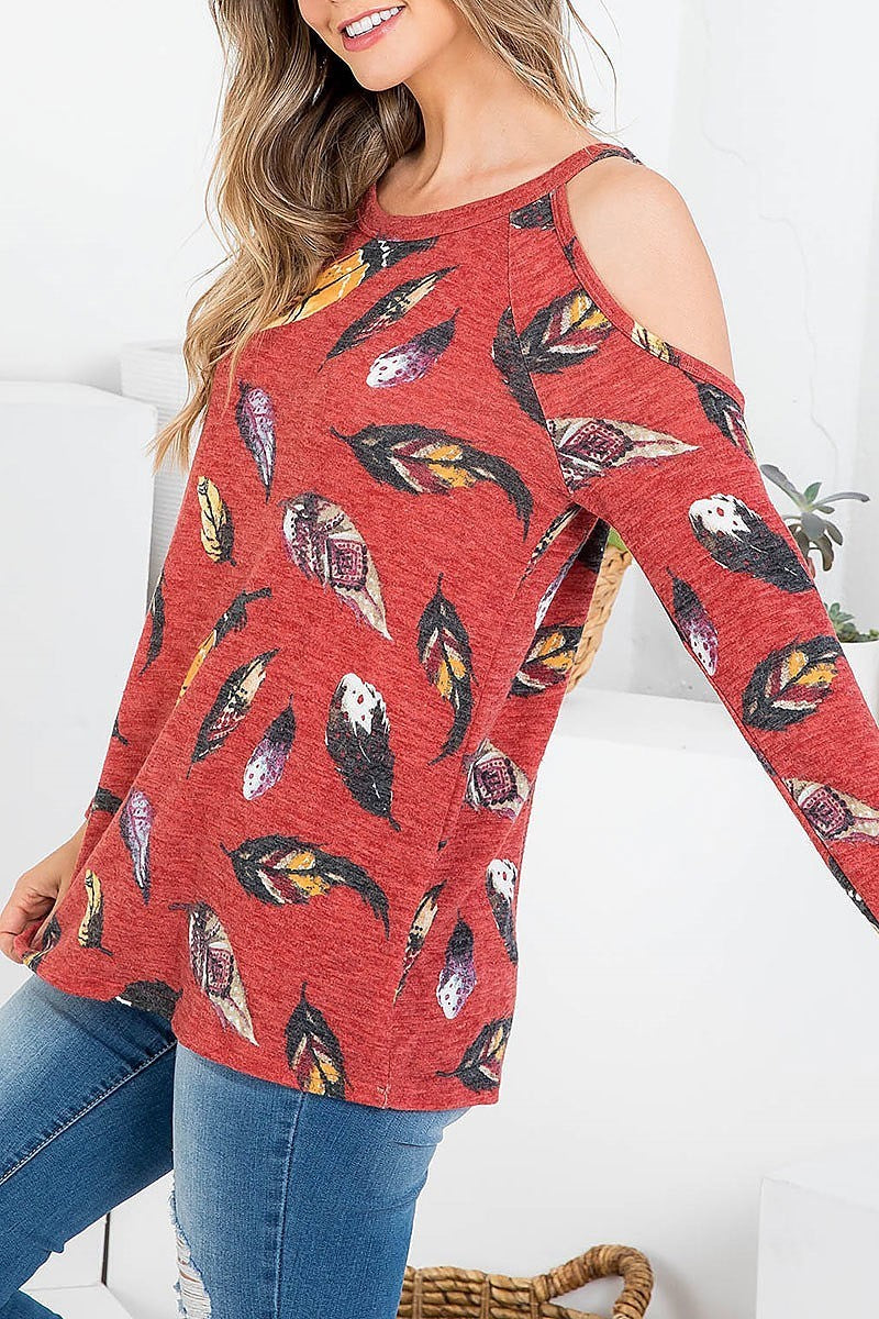 Cutout shoulder leaf print loose fit top (EF2453)