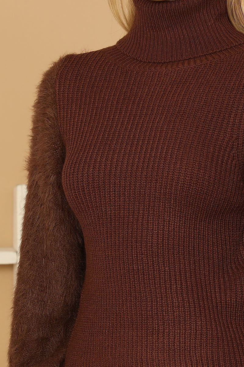 Fur sleeves ribbed turtleneck sweater (DGS6718)