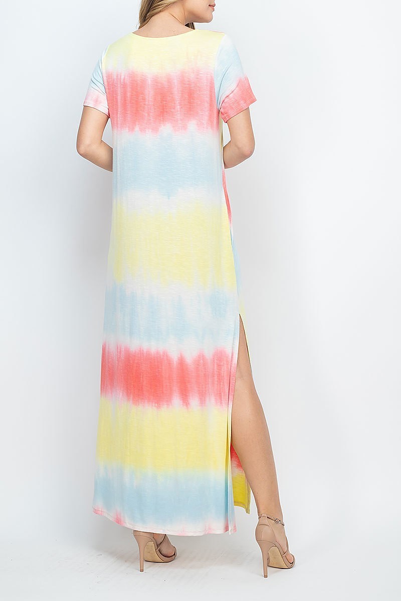 Tie dye crisscross neck maxi pocket dress (DED6709)