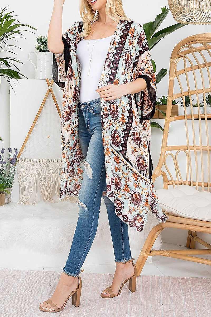 Floral print knee length boho kimono (EF3444)