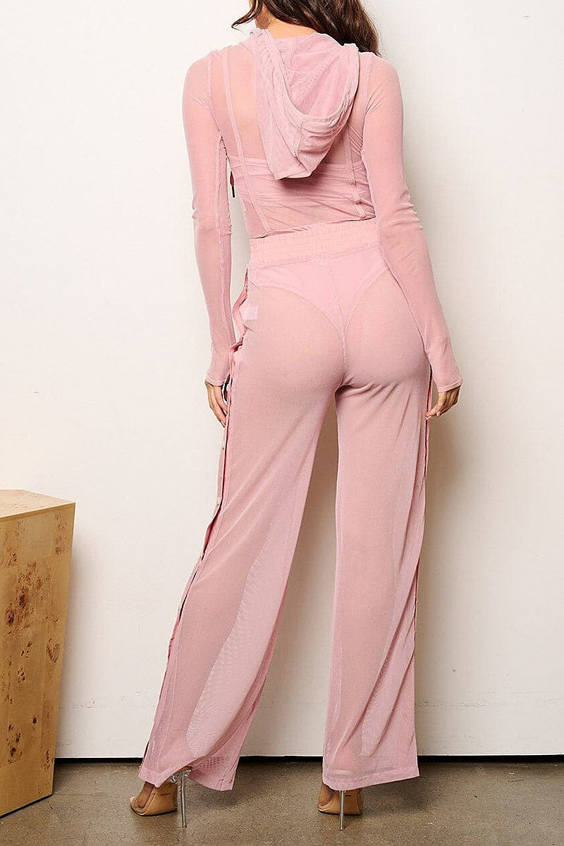 Long sleeve bodysuit & wide leg pants mesh 2pc.set (EFWT9337)