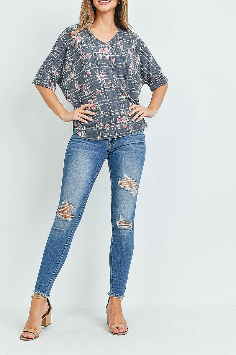 V neck floral plaid print top (ED9272)