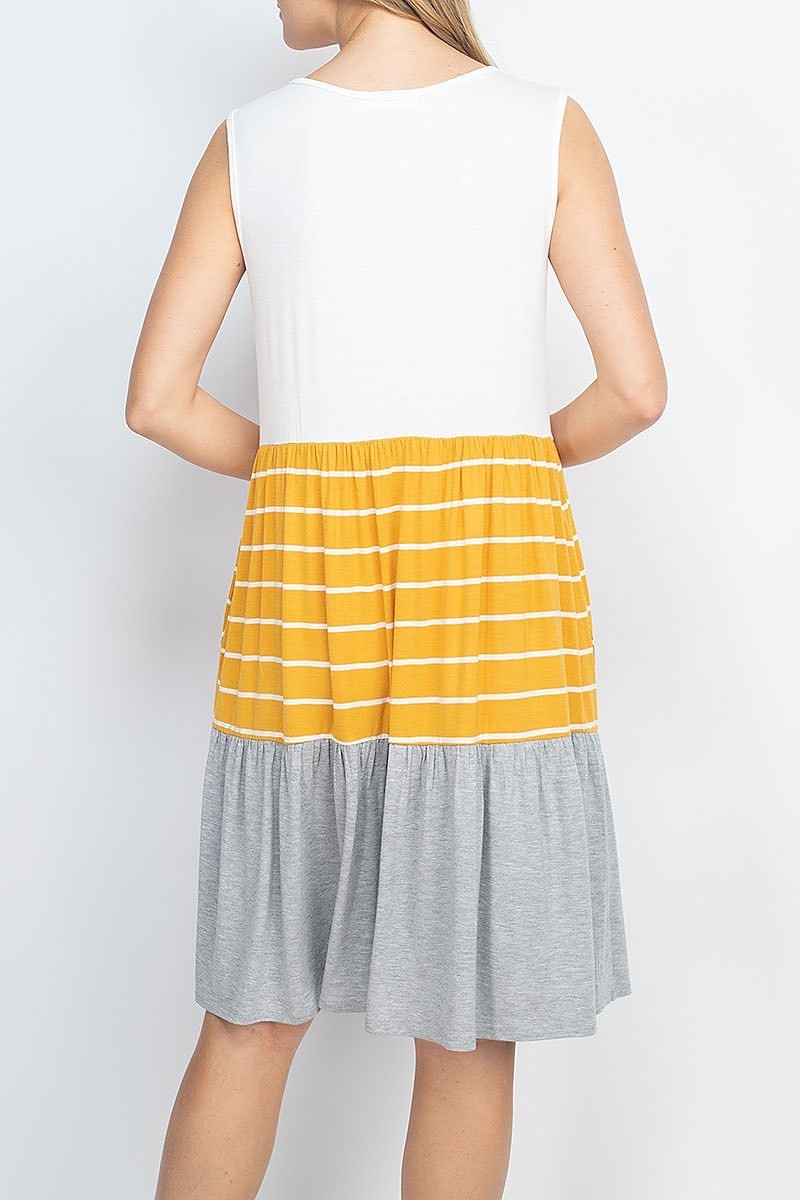 Color block stripe contrast sleeveless pocket dress (DED6746)