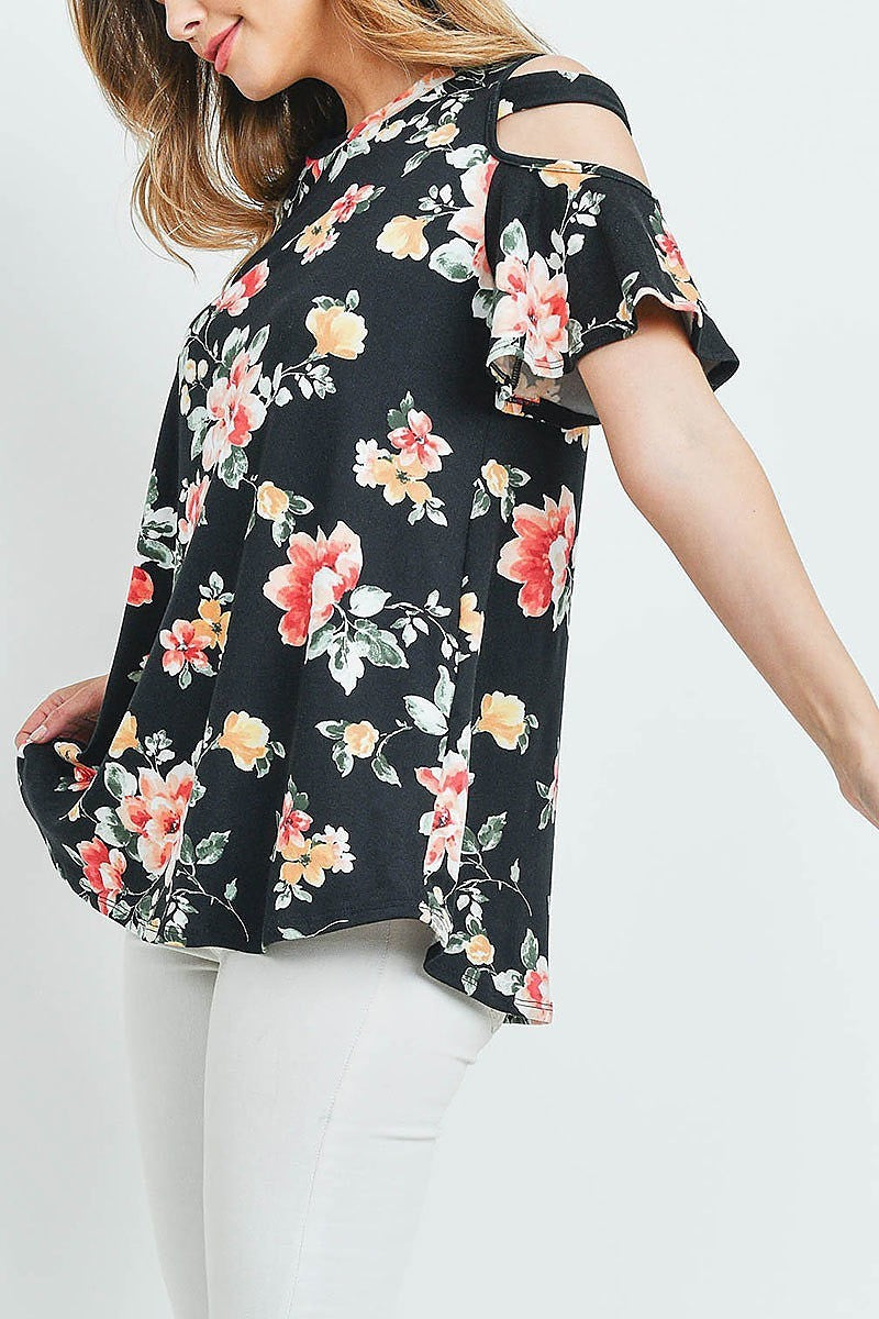 Floral print off shoulder flutter sleeve top (ED9164)