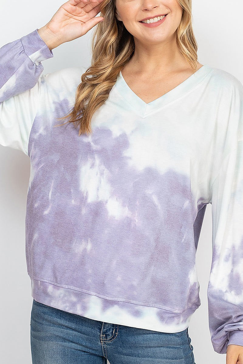 V neck tie dye bubble sleeve top (EF1978)