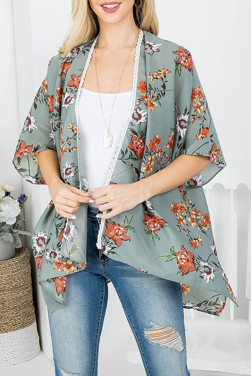 Floral print kimono with lace trim (EF3970)