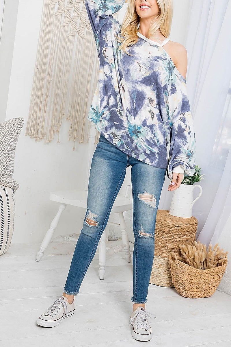 Off shoulder tie dye bubblle sleeve top (EF4170)