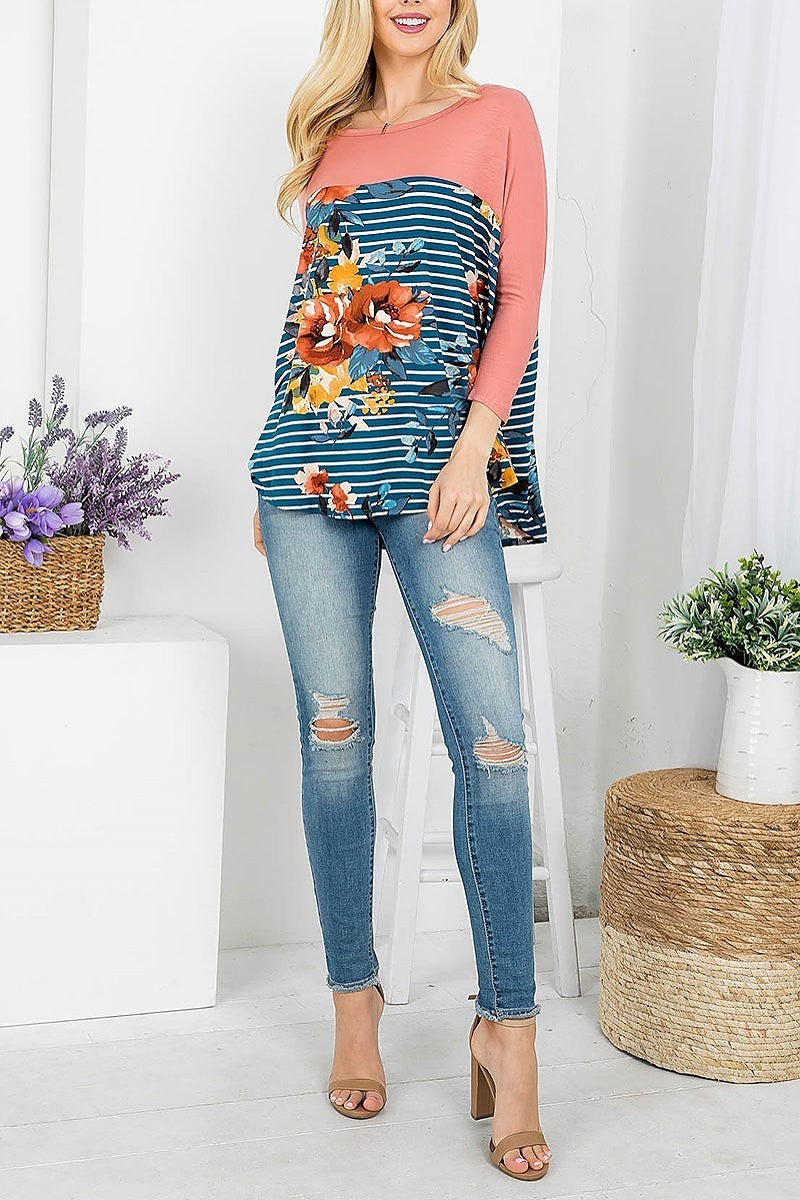 Floral print stripes round neckline long sleeve top (EF4152)