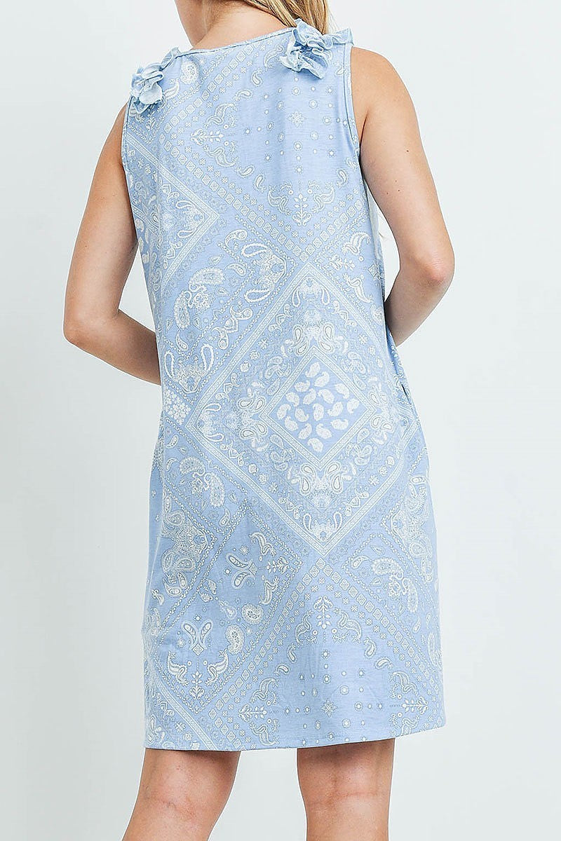 Sleeveless shoulder ruffle detail paisley pocket dress (DED6582)