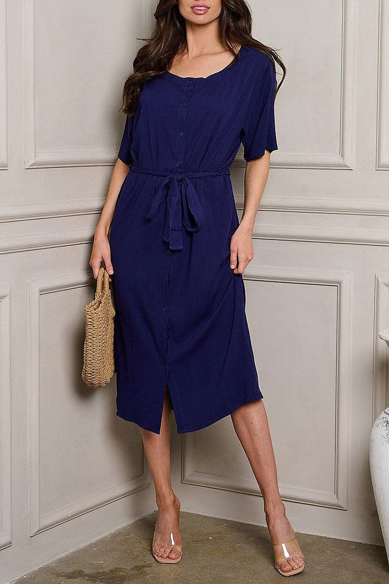 Short sleeve button up self tie midi dress (EDWT9993)